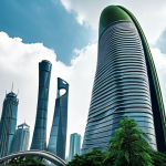 **

Prompt: Futuristic skyscraper, steel structure, flowing curves, reaching into the clouds, Shanghai Center inspiration, modern architectural art, sense of power, sustainable design elements, green building.

**