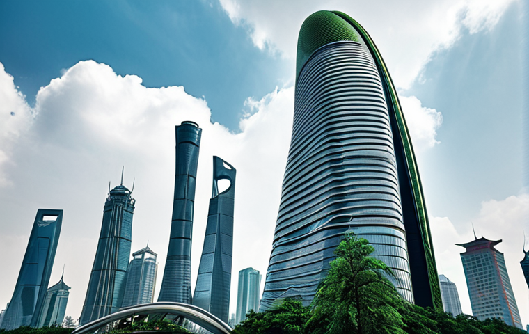 **

Prompt: Futuristic skyscraper, steel structure, flowing curves, reaching into the clouds, Shanghai Center inspiration, modern architectural art, sense of power, sustainable design elements, green building.

**