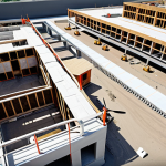 **Prompt:** Aerial view of a construction site, drone inspecting progress, BIM model overlay, safety check, modern architecture. Negative prompt: people, cartoon, blur.