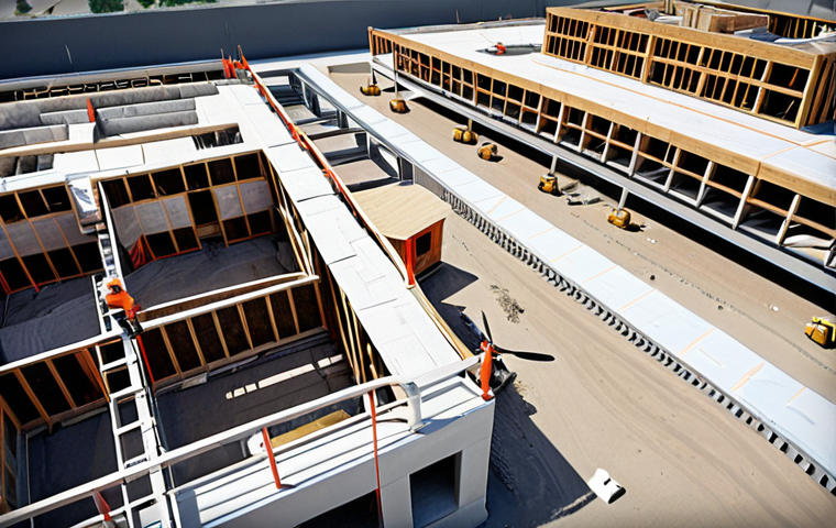 **Prompt:** Aerial view of a construction site, drone inspecting progress, BIM model overlay, safety check, modern architecture. Negative prompt: people, cartoon, blur.