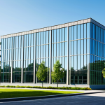 현대건축물 유리 건축물 단점 보완 - Modern Office Building with Low-E Glass**

"A modern office building featuring large windows made of...