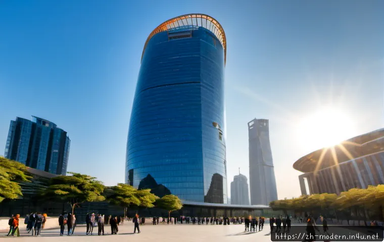 현대건축물 도시 랜드마크 빌딩 - Photorealistic contemporary urban landmark tower with flowing glass-and-steel curves, viewed from a ...