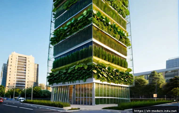 현대건축물 수직 농장 건축 - Photorealistic exterior of a futuristic urban vertical farm tower, transparent glass facade revealin...