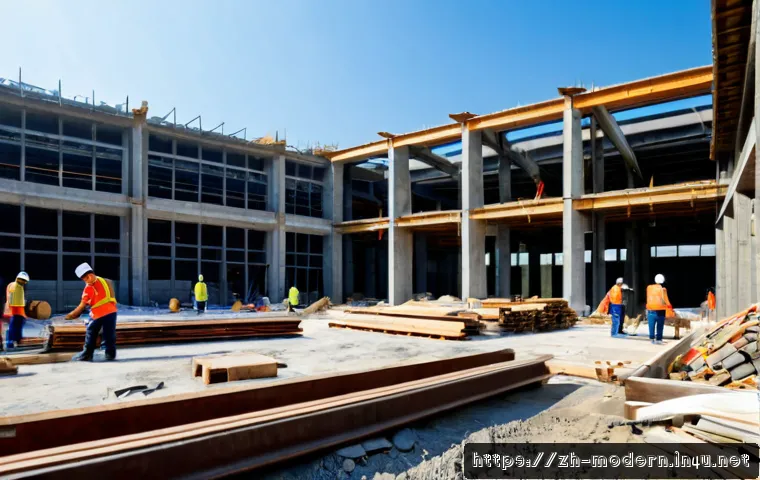 현대건축물 폐기물 재활용 건축 - Photorealistic contemporary sustainable building under construction, workers in safety helmets sorti...